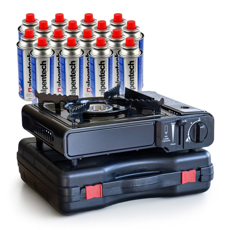 Réchaud à gaz portable 2200W + 16 cartouches de gaz Camping Cuisine Extérieure