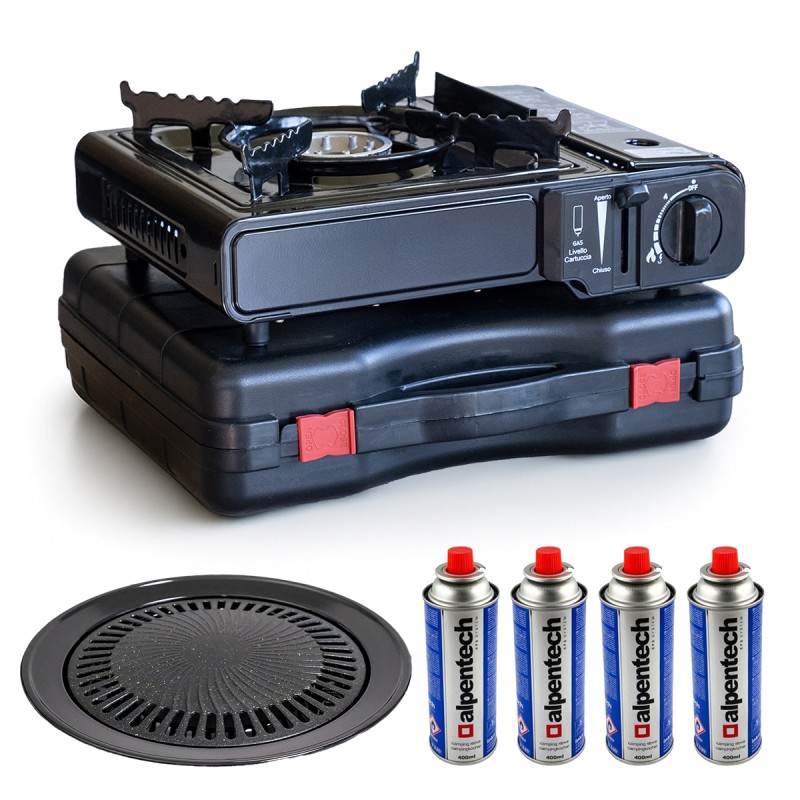 Barbecue à gaz et Réchaud gaz 2200W Piezo + 4 cartouches gaz Camping Cuisine Exterieure