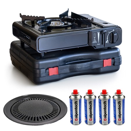 Barbecue à gaz et Réchaud gaz 2200W Piezo + 4 cartouches gaz Camping Cuisine Exterieure