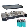 Kit Plancha Gaz 2en1 Complet - Réchaud 2 feux Inox 4400W + Plaque Grill + 4 Cartouches Gaz Butane Intérieur/Extérieur INTEC