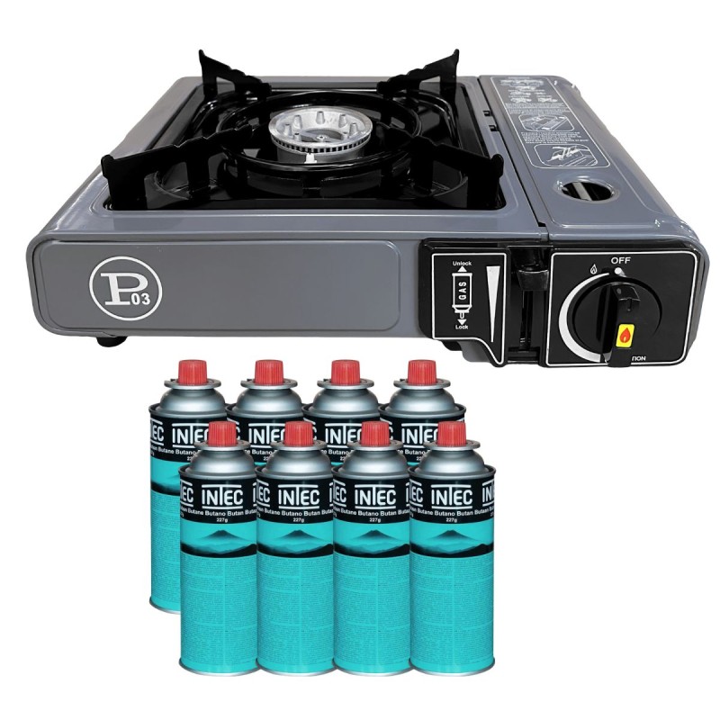 Réchaud Gaz Portable 1 Feu 2200W + 8 Cartouches gaz Butane Camping Randonnée Cuisine Extérieure INTEC