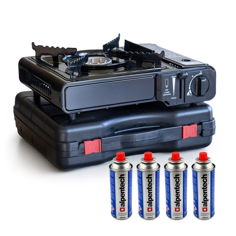 Réchaud à gaz portable + 4 cartouches de gaz Camping + Mallette incluse