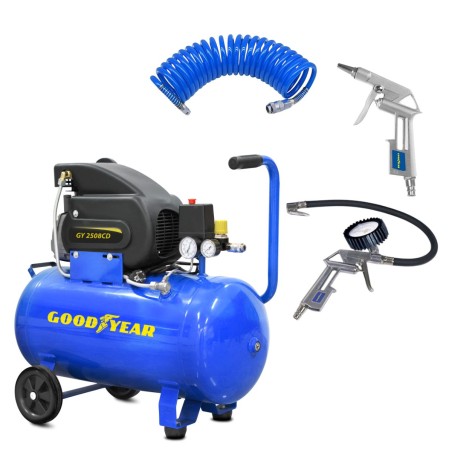 Compresseur d'air Silencieux 50 Litres 8 bar 2CV 1.5KW 115 PSI + Kit Air comprimé 3 pièces GOODYEAR