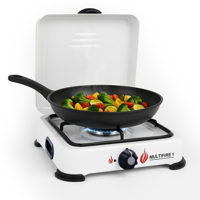 Plaque de cuisson gaz 1 feu 1500W Brûleur acier Réchaud Gaz butane ou propane Blanc laqué Grille Couvercle
