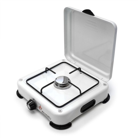 Plaque de cuisson gaz 1 feu 1500W Brûleur acier Réchaud Gaz butane ou propane Blanc laqué Grille Couvercle