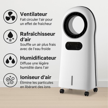 Climatiseur Mobile 110W 4en1 : Ventilateur, Rafraichisseur, Humidificateur d'air sur roues 3 Vitesses NIKLAS
