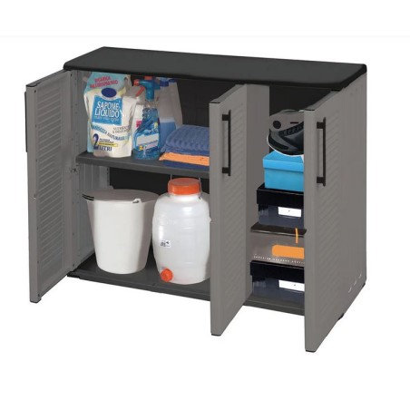 Armoire de Rangement Garage Atelier - Armoire basse 3 portes et 1 étagère Réglable Polypropylène 102x37h84 cm Charge 20 kg