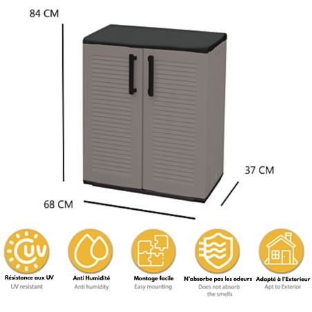 Armoire de Rangement Grise Armoire basse 2 portes Polypropylène 68x37h84 cm ArtPlast
