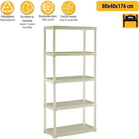 Étagère de rangement 5 niveaux 80x40x176 cm Beige Etagère 5 Tablettes Charge 150 kg Anti-humidité Lavable Art Plast