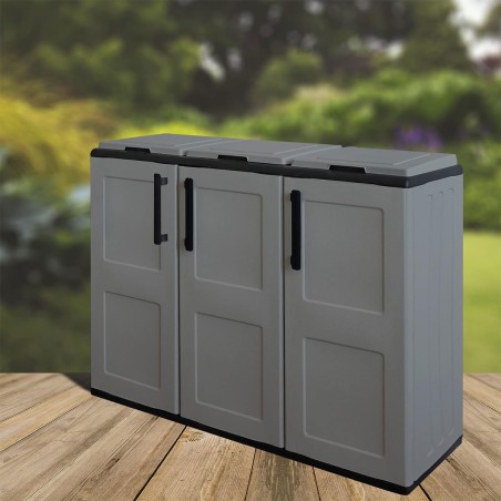 Meuble de tri Selectif 3 Sacs Gris - Cache Poubelles de tri Intérieur /Extérieur Dimensions 102 x 37 x 84 cm - INTEC