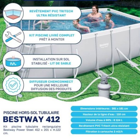 Piscine hors sol Rectangulaire BESTWAY 412 x 201 x 122 cm Pack complet Piscine tubulaire + Accessoires de piscine