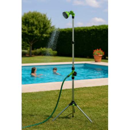 Douche Extérieure avec trépied 1,90m - Douche de Camping Portable Pommeau pivotant, Raccord Tuyau Arrosage Ø16 mm