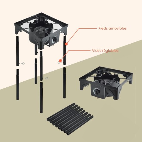 Réchaud Gaz 4 pieds 4.5KW Modulable 3 Hauteurs - Cuisine Extérieure Dimensions 40 x 40 x H78cm Allumage Piezo