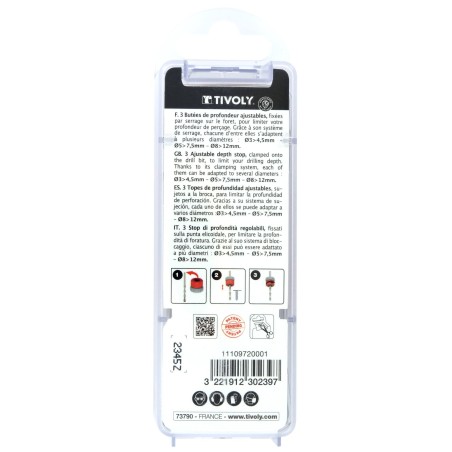 Lot de 3 butées de profondeur réglables - Ø3‑4,5 / 5‑7,5 / 8‑12 mm - Serrage rapide sans outil TIVOLY