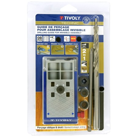 Guide d’assemblage 2 en 1 TIVOLY Perçage oblique 15° & perpendiculaire Kit complet 8 pièces Ø 6‑8‑10 mm TIVOLY