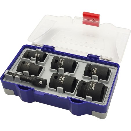 Coffret 7 Douilles à choc Ø13/17/19/21/24 mm + adaptateur 1/2″ + porte-embout – Acier CrMo TIVOLY