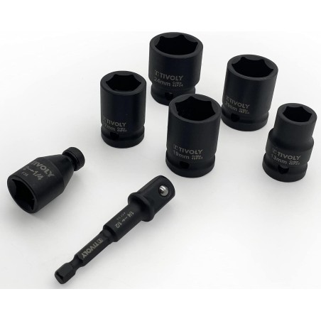 Coffret 7 Douilles à choc Ø13/17/19/21/24 mm + adaptateur 1/2″ + porte-embout – Acier CrMo TIVOLY