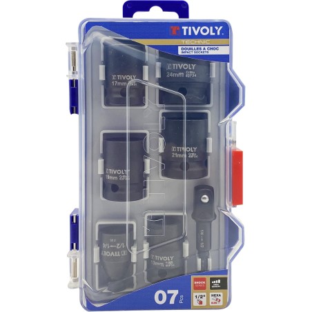 Coffret 7 Douilles à choc Ø13/17/19/21/24 mm + adaptateur 1/2″ + porte-embout – Acier CrMo TIVOLY