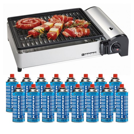 Barbecue portable à gaz 1900 W Grille anti-adhésive + sac transport + kit 16 cartouches Butane Piézo Bac récupérateur KEMPER