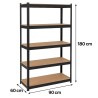 Etagère de Rangement Métal Noire 90 x 60cm x H180cm Haute qualité 5 Plateaux Charges lourdes 1500kg INTEC