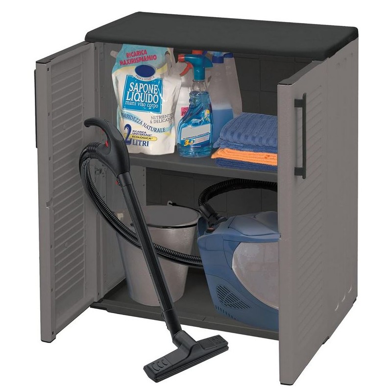 Armoire de Rangement Grise - Meuble bas Garage Buanderie 2 portes Polypropylène Recyclé 68x37h84 cm