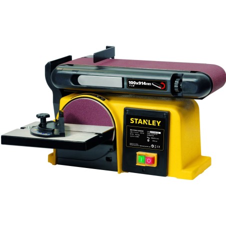 Ponceuse d’établi 370W Disque 150mm Abrasif 100x914mm Base Fonte anti basculement Ponçage Polissage Bois & Métaux Stanley