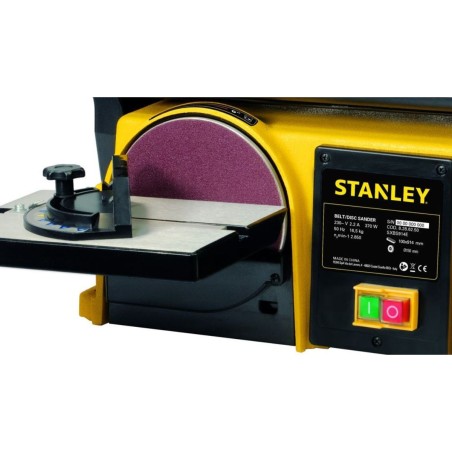 Ponceuse d’établi 370W Disque 150mm Abrasif 100x914mm Base Fonte anti basculement Ponçage Polissage Bois & Métaux Stanley