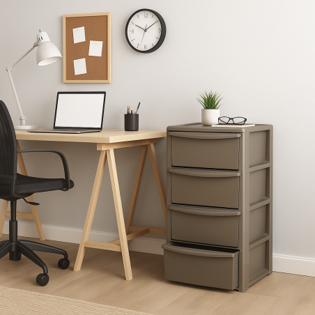 Commode basse 4 tiroirs 39 x 38.5 x H 80.5 cm Marron - Meuble de Rangement Chambre Bureau Buanderie Art Plast