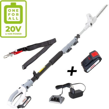 Taille haie sans fil 20V - Lame de 40 cm Batterie lithium 2.0Ah + Chargeur 20V - Perche télescopique jusqu'à 4m IKRA