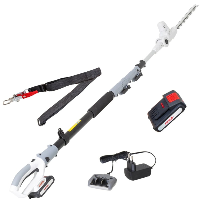Taille haie sans fil 20V - Lame de 40 cm Batterie lithium 2.0Ah + Chargeur 20V - Perche télescopique jusqu'à 4m IKRA