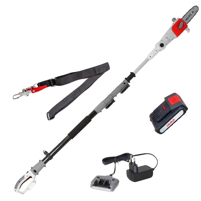 Elagueuse sans fil 20V Lame 20cm Guide Oregon - Batterie lithium 2.0Ah Chargeur 20V Perche Télescopique jusqu'à 4m IKRA