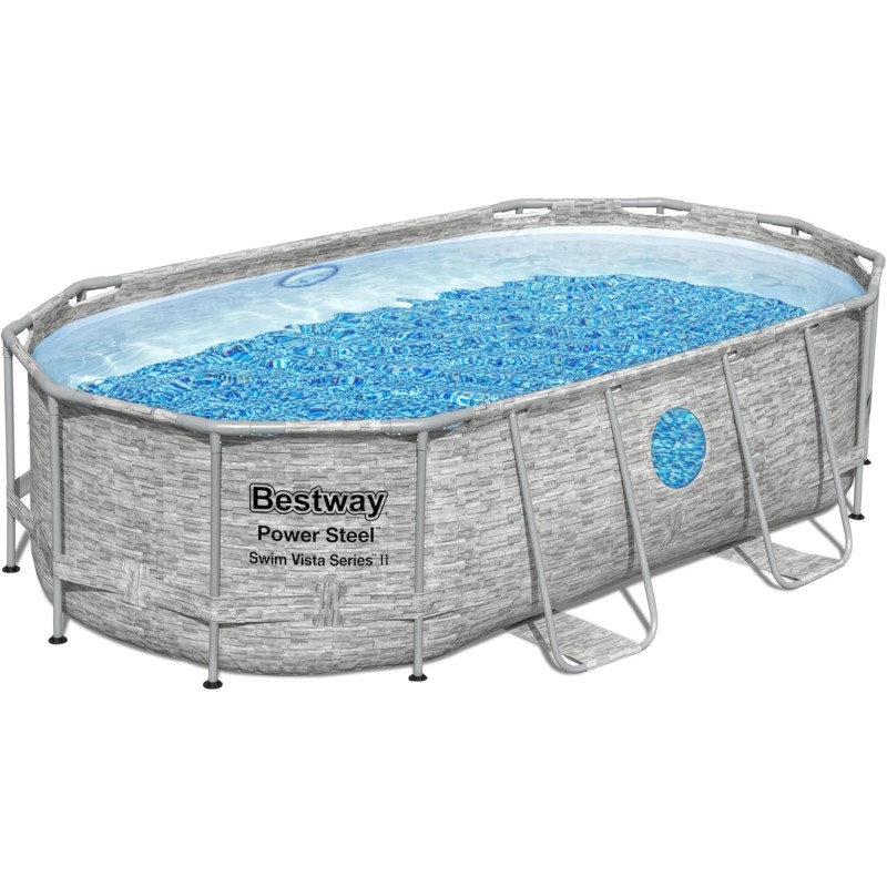 Piscine hors sol à Hublot 4.27x25 x10m Gris Effet Pierre- Piscine tubulaire ovale + Echelle, Pompe + Bâche 4 saisons Bestway