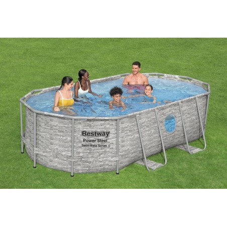 Piscine hors sol à Hublot 4.27x25 x10m Gris Effet Pierre- Piscine tubulaire ovale + Echelle, Pompe + Bâche 4 saisons Bestway