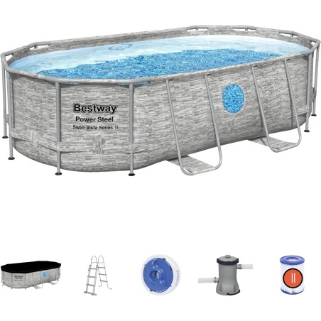 Piscine hors sol à Hublot 4.27x25 x10m Gris Effet Pierre- Piscine tubulaire ovale + Echelle, Pompe + Bâche 4 saisons Bestway