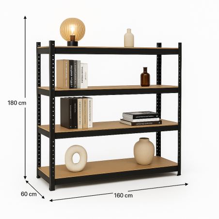 Etagère de Rangement Métal Noir 160 x 60 x H180cm Haute qualité 4 Plateaux Charges lourdes 1600kg INTEC