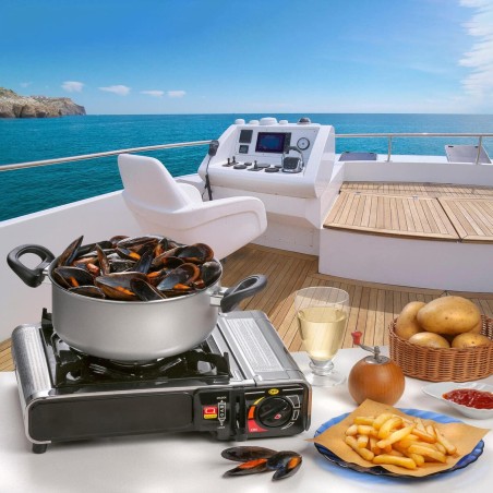 Réchaud à gaz NOMADE INOX 2200W Allumage piezo Double système de sécurité Mallette KEMPER