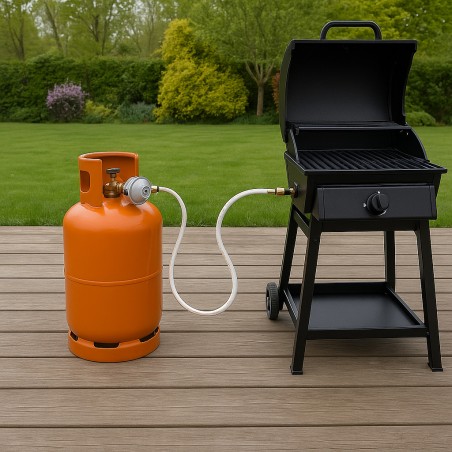 Tuyau Gaz Souple 2 mètres + Détendeur Propane Quick-On Valve 27mm Pack Flexible Gaz Pour Barbecue, Plancha Chauffage KEMPER