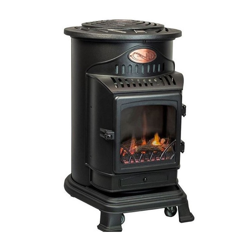 Poêle à gaz fonte 3.4kW Noir Effet feu Chauffage d'appoint gaz Autonomie 60h-93h INTEC