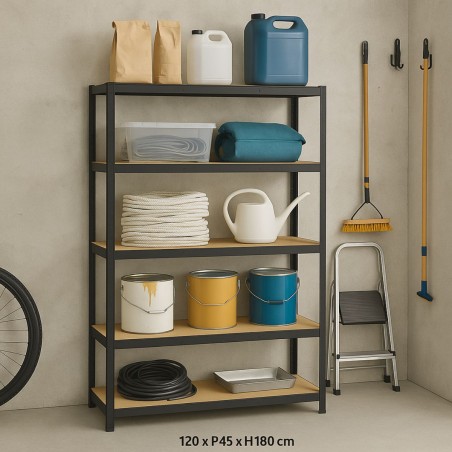 Étagère de rangement Bois et Acier 5 niveaux 120x45x180 cm Capacité 300 kg BRIXO